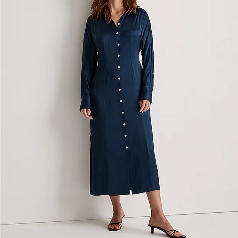 Navy Satin Button-Front Midi Shirtdress 00
